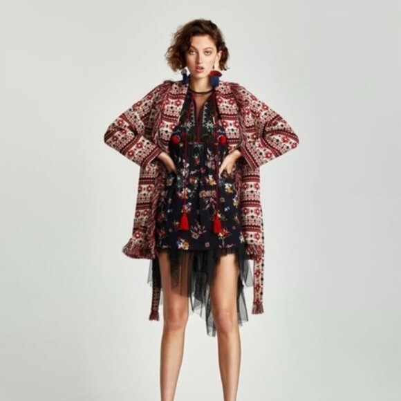 Zara Jacquard Fringe Aztec Print Jacket - Picture 3 of 11